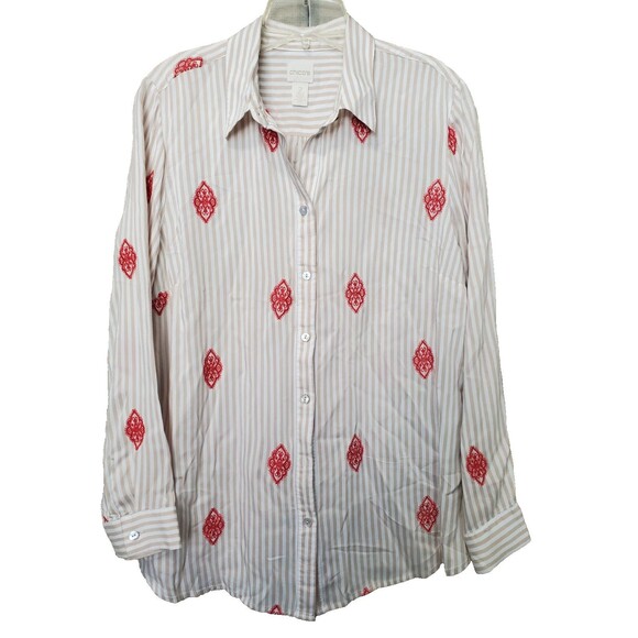 Chico's Embroidered Medallion Striped Long Sleeve Button-Up Shirt Size 2 Large - Picture 1 of 7